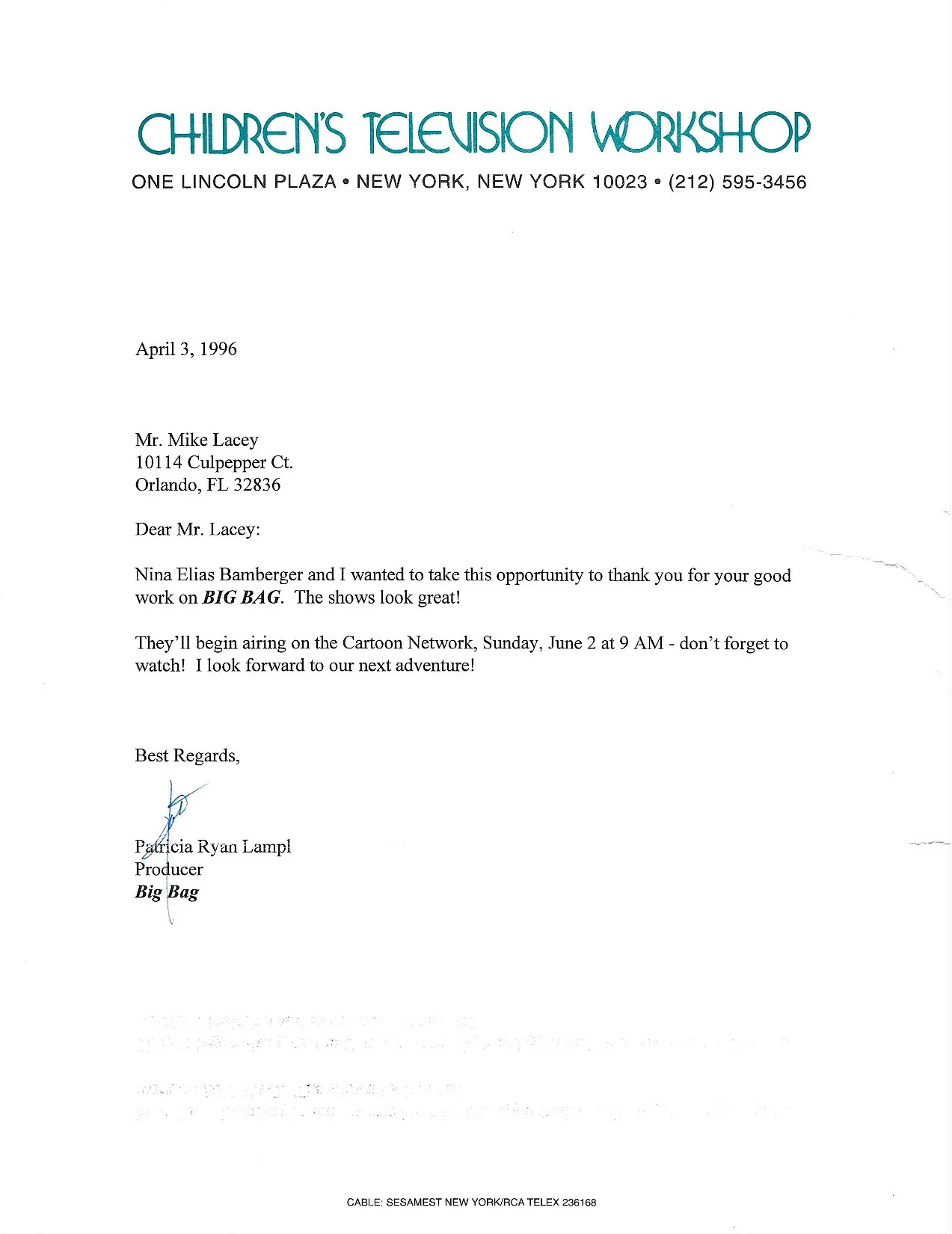 Big Bag - Children's Television Workshop letter