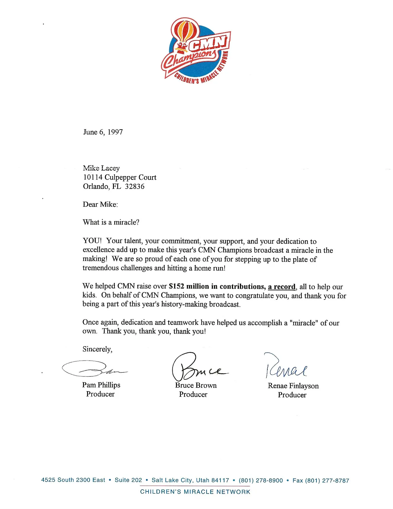 Children's Miracle Network 1997 letter