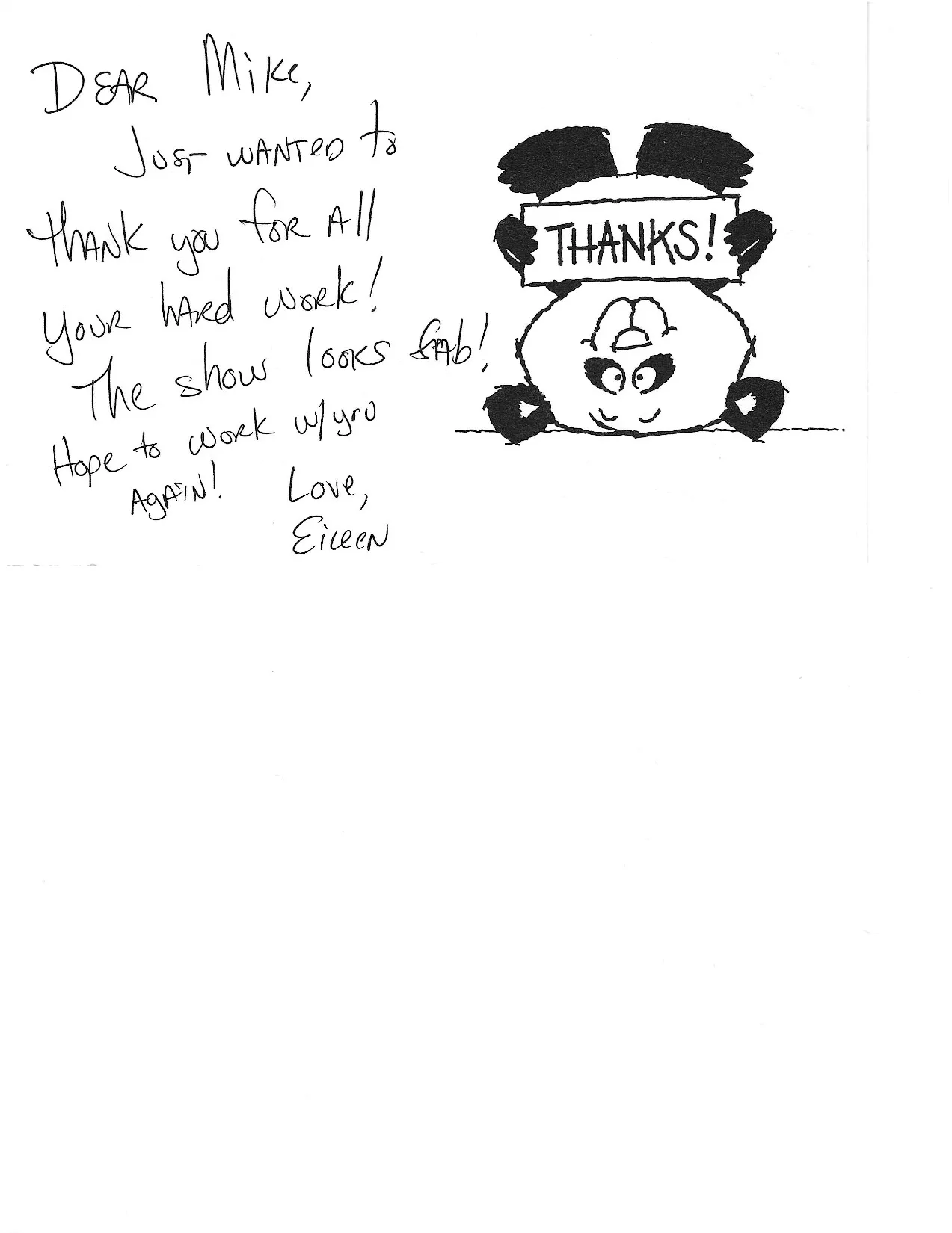 Thank you note from Eileen