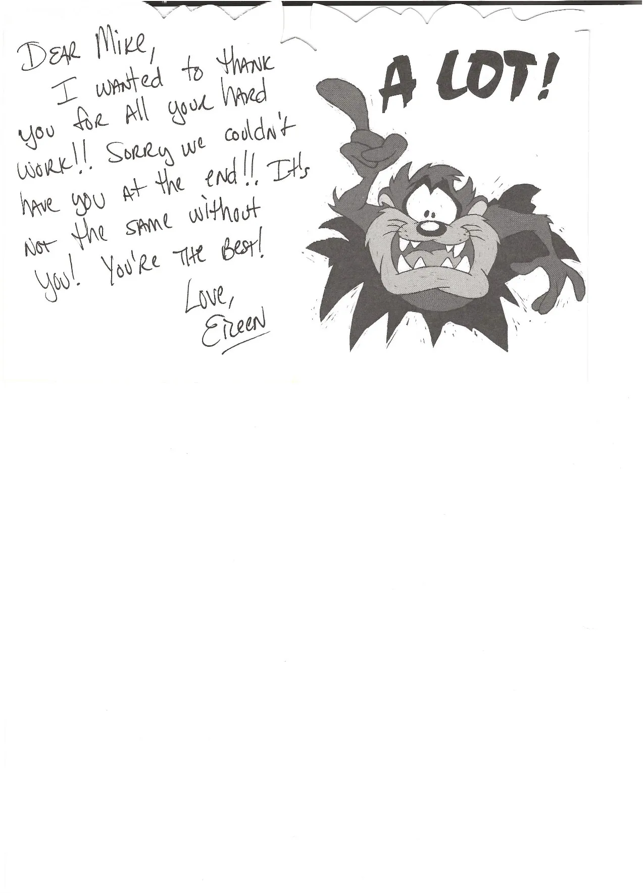 Thank you note from Eileen