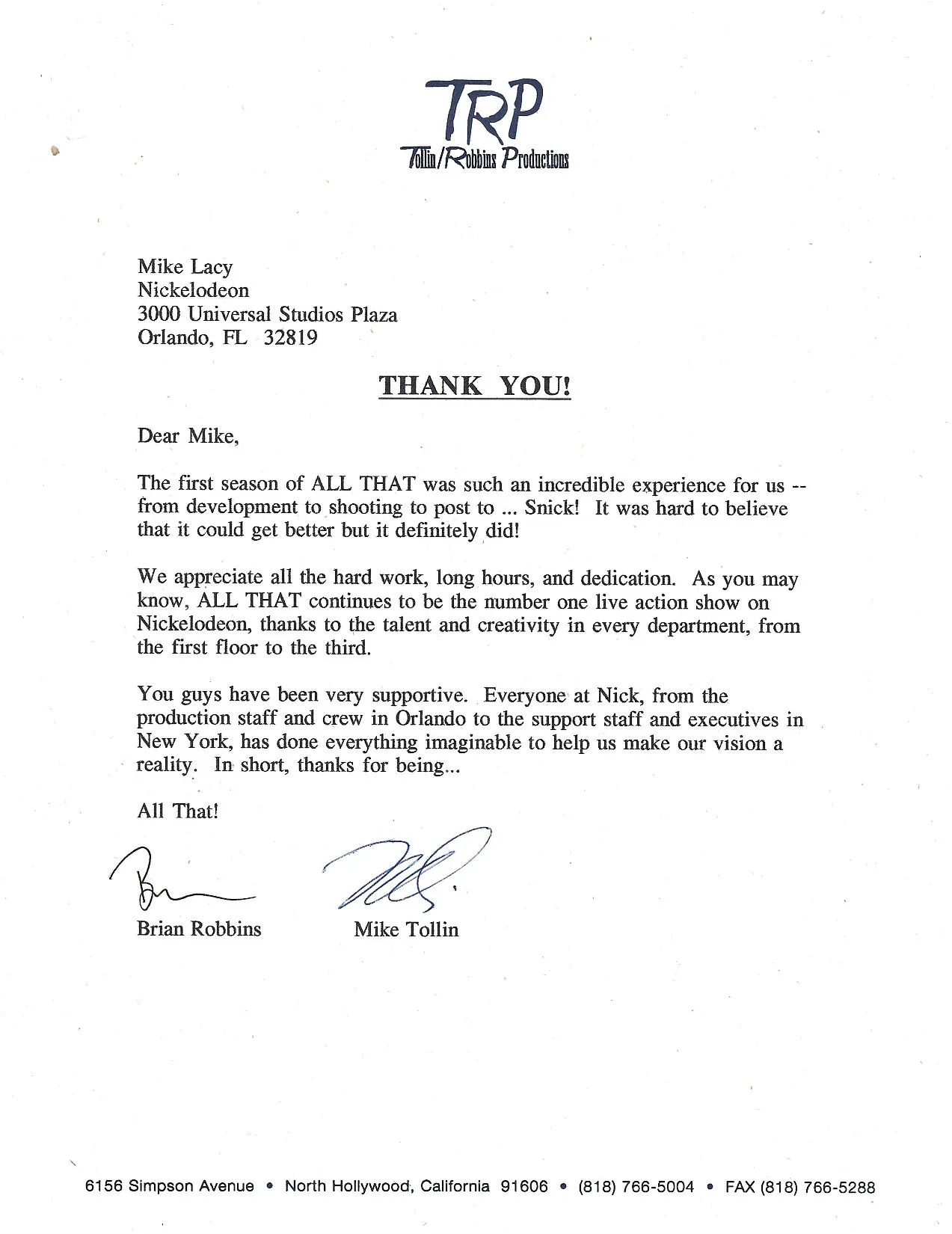 Tollin Robbins Production - All That letter