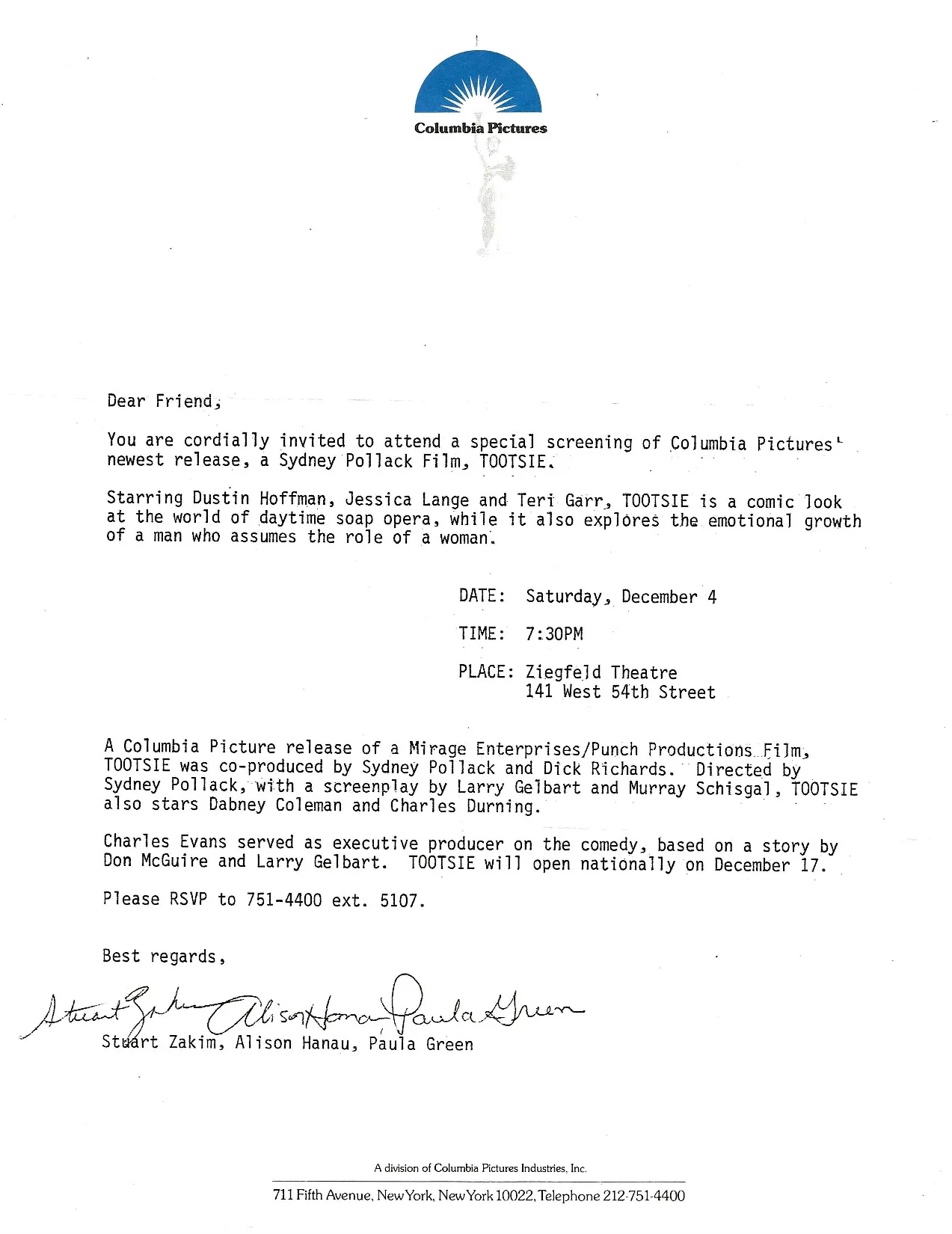 Tootsie production letter